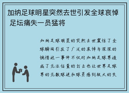 加纳足球明星突然去世引发全球哀悼 足坛痛失一员猛将