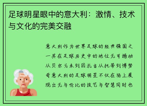 足球明星眼中的意大利：激情、技术与文化的完美交融