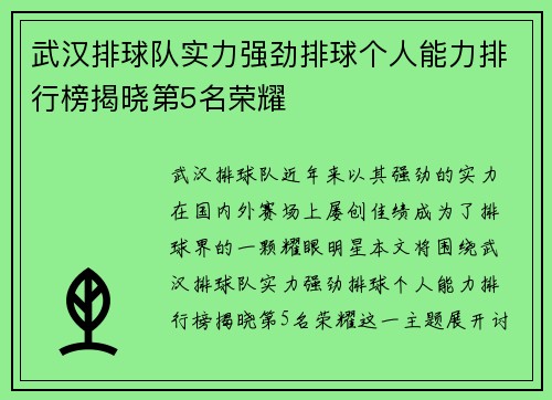 武汉排球队实力强劲排球个人能力排行榜揭晓第5名荣耀