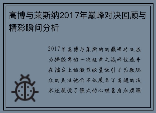 高博与莱斯纳2017年巅峰对决回顾与精彩瞬间分析